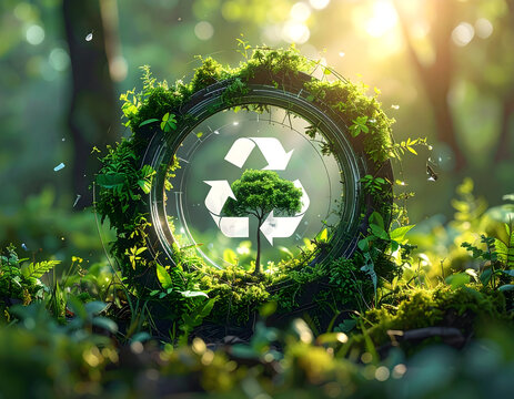 Circular economy principles inspire sustainable growth with green plants and recycling symbol natural environment glowing with