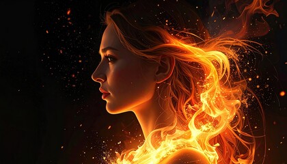 Portrait of a Woman Engulfed in Fiery Orange Sparks on a Dark Background
