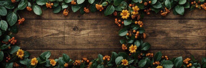 Autumnal frame of vibrant orange-yellow flowers and foliage on a rustic wooden surface.