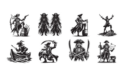 Fototapeta premium Collection of Eight Bundle Black and White Pirate Illustrations with Skulls and Barrels skeleton sword