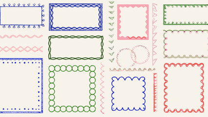 Charming collection of hand-drawn frames and decorative borders in playful colors for creative projects
