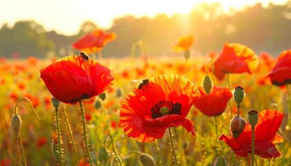 Obraz premium A field of vibrant red poppies bathed in warm sunlight, showcasing the beauty of nature at dawn or dusk.