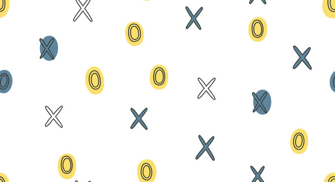 Abstract pattern of stylized Xs and Os in muted colors on a white background.