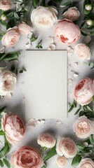 Blank Card Surrounded By Soft Pink Roses And Greenery