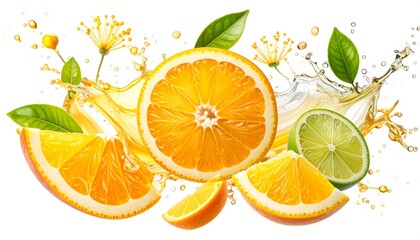 Vibrant citrus slices and splashes of juice create a refreshing and healthy image.