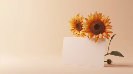 Two sunflowers stand behind a blank white card against a peach-colored backdrop