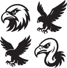 Set of cartoon vector illustrations of an eagle with wings flying