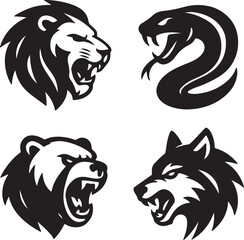 Powerful tribal black and white lion ,fox and snake head silhouette vector illustration for tattoo or logo design © ranojit