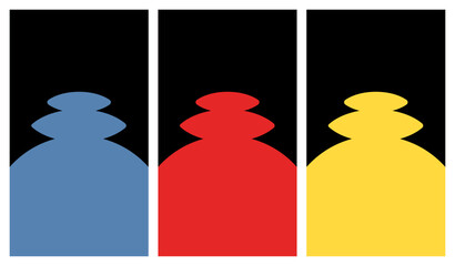 Three abstract vertical panels featuring stacked, rounded shapes in blue, red, and yellow against a stark black background.