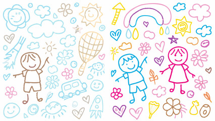 Joyful children's doodles depicting happy kids, nature, and fun activities, perfect for creative projects.