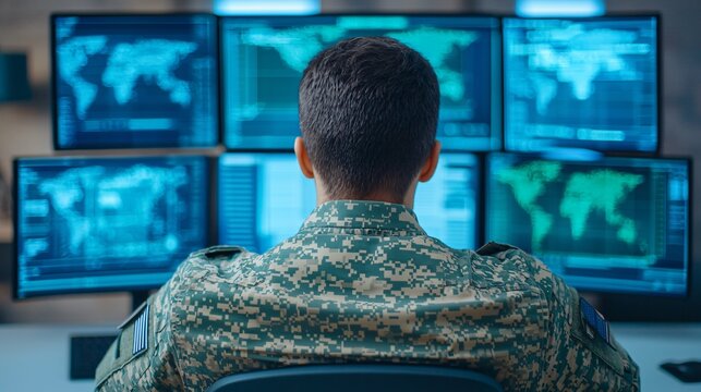 Medium close up of cyber defense analyst monitoring threats in Military Information Technology system using digital dashboard. - Powered by Adobe