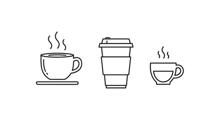 Three line art icons depicting various hot coffee and tea cups, including a traditional mug, a disposable takeaway cup, and a smaller beverage cup with steam.