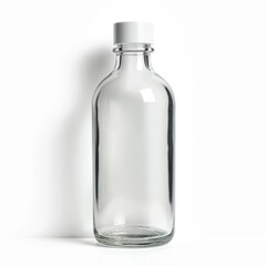 Naklejka premium Empty clear glass bottle with white cap isolated on white background. Cylindrical container suitable for cosmetic, beauty, health care, medicine, liquids, perfume, essential oils. Simple, clean,