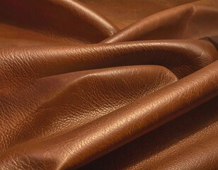 Close-up view of supple, rich-brown leather with a textured surface, showcasing its folds and subtle variations in tone.
