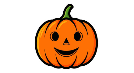 A cheerful cartoon jack-o'-lantern pumpkin with a smiling face and green stem, isolated on a white background.