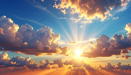Radiant Sunrise Illuminating Fluffy Clouds in Azure Blue Sky Scenery with Golden Sun Rays and Warm Atmospheric Perspective on a Sunny Day