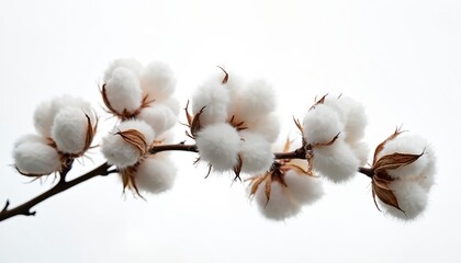 Fluffy white cotton balls on branch against clean white background. Natural material signifies softness, purity. Cotton plant detail offers gentle, organic aesthetic, perfect for natural products,