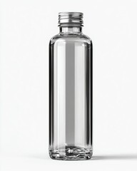Clear glass bottle mockup with smooth cylindrical body and shiny aluminum cap perfect for label placement cosmetic packaging projects and drink branding