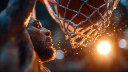 Intense basketball player scores under bright stadium lights, showcasing determination and athletic skill