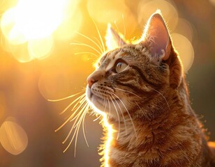 Portrait of a Striking Tabby Cat in Golden Sunlight with Bokeh Background