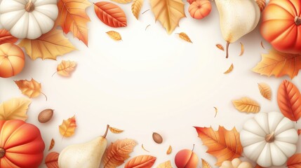 Autumn Harvest Frame Featuring Pumpkins Pears and Leaves On White Background