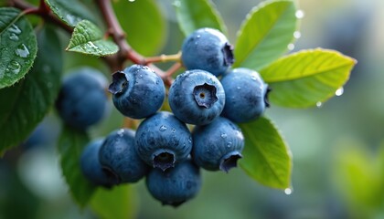 Fototapeta premium Close-up cluster of ripe, shiny blueberries hanging from tree branch with wet green leaves. Fresh, juicy berries offer natural sweetness, antioxidants for healthy summer harvests, wild growth,