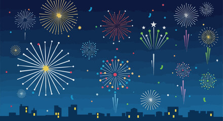 Colorful fireworks exploding in a dark night sky over city buildings.