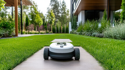 Autonomous robot mowing lawn in modern garden with lush greenery and pathways