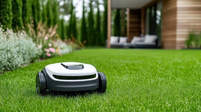 Autonomous robot mowing lawn beautiful garden setting, showcasing modern technology and greenery