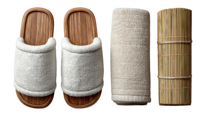 Isolated Spa Items with Slippers, Towel, and Bamboo Mat on Transparent Background