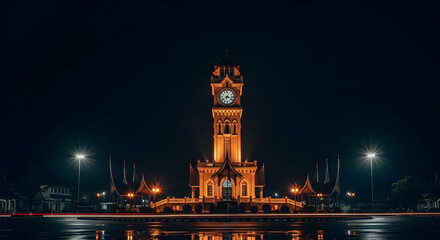 Fototapeta premium The historic Izmir Clock Tower illuminated at night, reflecting on wet pavement.