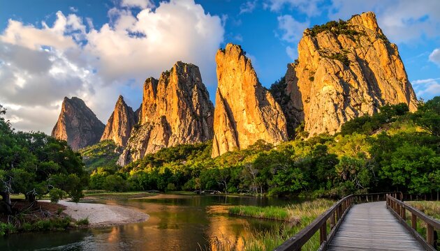 A serene landscape showcases towering sandstone peaks reflecting on a tranquil river, framed by lush greenery and a wooden walkway. - Powered by Adobe