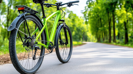 Fototapeta premium Bright green bicycle on scenic path surrounded by lush trees, perfect for eco friendly rides