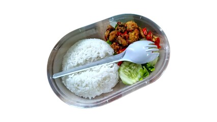 Nasi Cabe Garam in a clear container on a white background. Includes rice, spicy chicken, cucumber, and a plastic utensil.