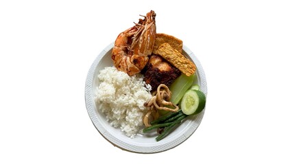 Nasi Tempong with rice, shrimp, tempeh, fish, vegetables on a plate. Traditional Indonesian cuisine. Shot on a white background.
