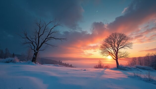 Dramatic winter sunset illuminates frosted scenery with bare tree silhouettes. Snow-covered landscape features golden orange sky, distant hills, starry night atmosphere. Peaceful cold nature scene.