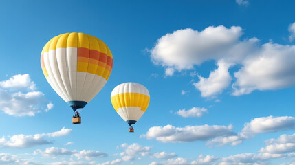 Fototapeta premium Colorful hot air balloons floating in clear blue sky with fluffy clouds create joyful scene