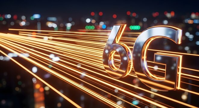 6G Network Technology High-Speed Data Transmission with Futuristic Cityscape Background