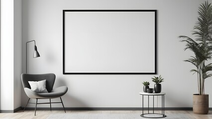 Blank Black Framed Horizontal Poster Mockup on a White Wall in a Modern Minimalist Living Room Interior with Armchair, Floor Lamp, and Green Potted Plants