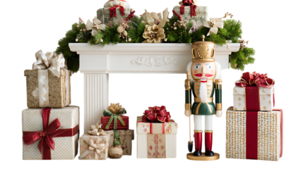 gift boxes and christmas fireplace with flowers decoration on white background