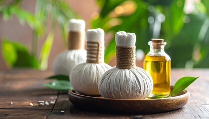 Therapeutic herbal massage tools and essential oils for a relaxing spa experience