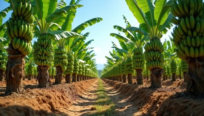 Obraz premium Lush banana plantation with rows of trees bearing large green bunches. Tropical landscape under clear sky. Agriculture, nature, crop cultivation, fruit production. Healthy food sourcing.