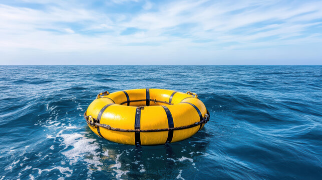 Bright yellow floating device in calm ocean waves under clear blue sky