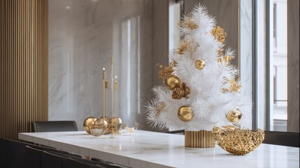 White And Gold Christmas Tree Decor On Modern Table