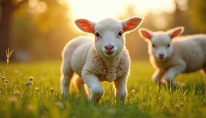 Obraz premium Fluffy white lamb and mother sheep frolic in rich green meadow during springtime. Focus on cute baby animal running and jumping in grass. Rural scene with farm animals in nature.