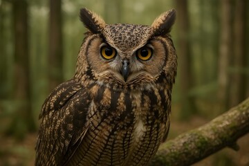 Obraz premium Stunning owl portrait with intense gaze amidst a lush forest scene