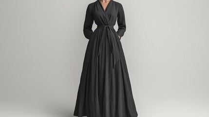 Elegant black wrap maxi dress with long sleeves and self tie belt for women stylish formal evening gown fashion apparel clothing