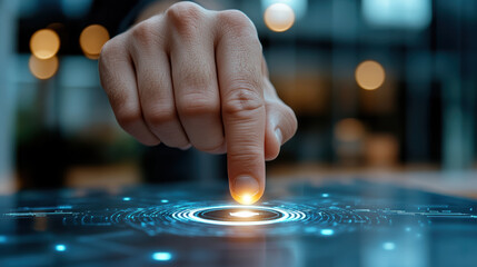 Finger touches glowing sensor on digital interface, creating captivating interaction