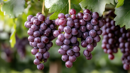 Close up of grapes hanging on vine, showcasing their rich color and freshness