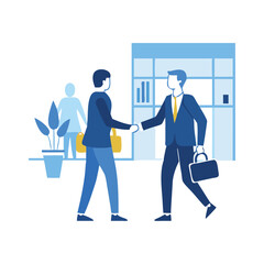 Business professionals shaking hands in modern office lobby welcoming partnership agreement success